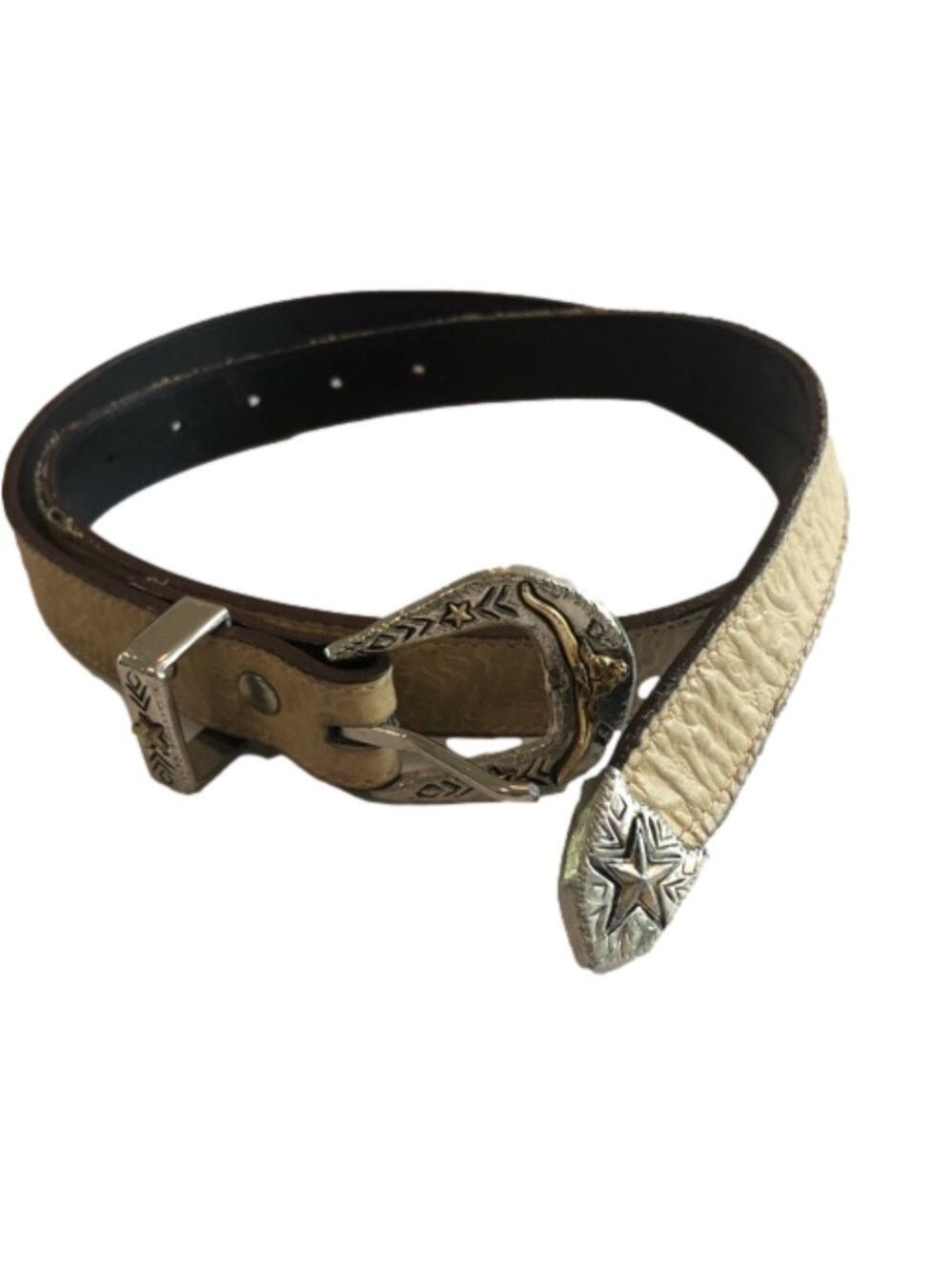 Leather belt with Texas Longhorn buckle. Buff color. Size L.